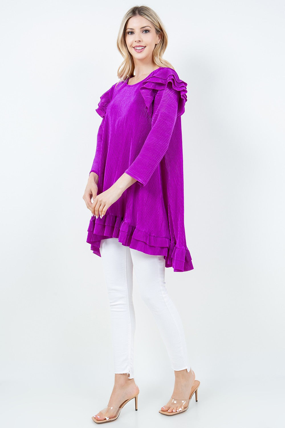 VIOLET 3/4 SLEEVES HI-LOW RUFFLED TUNIC TOP