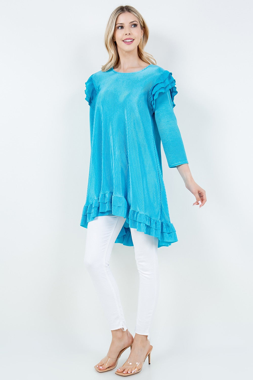 TURQUOISE 3/4 SLEEVES HI-LOW RUFFLED TUNIC TOP