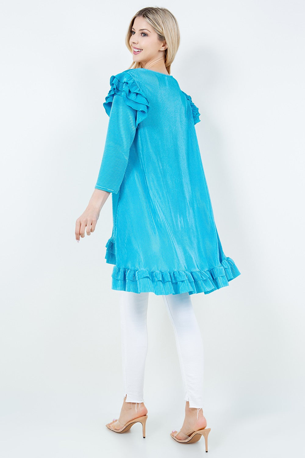TURQUOISE 3/4 SLEEVES HI-LOW RUFFLED TUNIC TOP