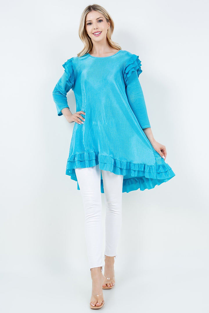 SHB5882X-Wholesale Turquoise 3/4 SLEEVES HI-LOW RUFFLED TUNIC TOP 