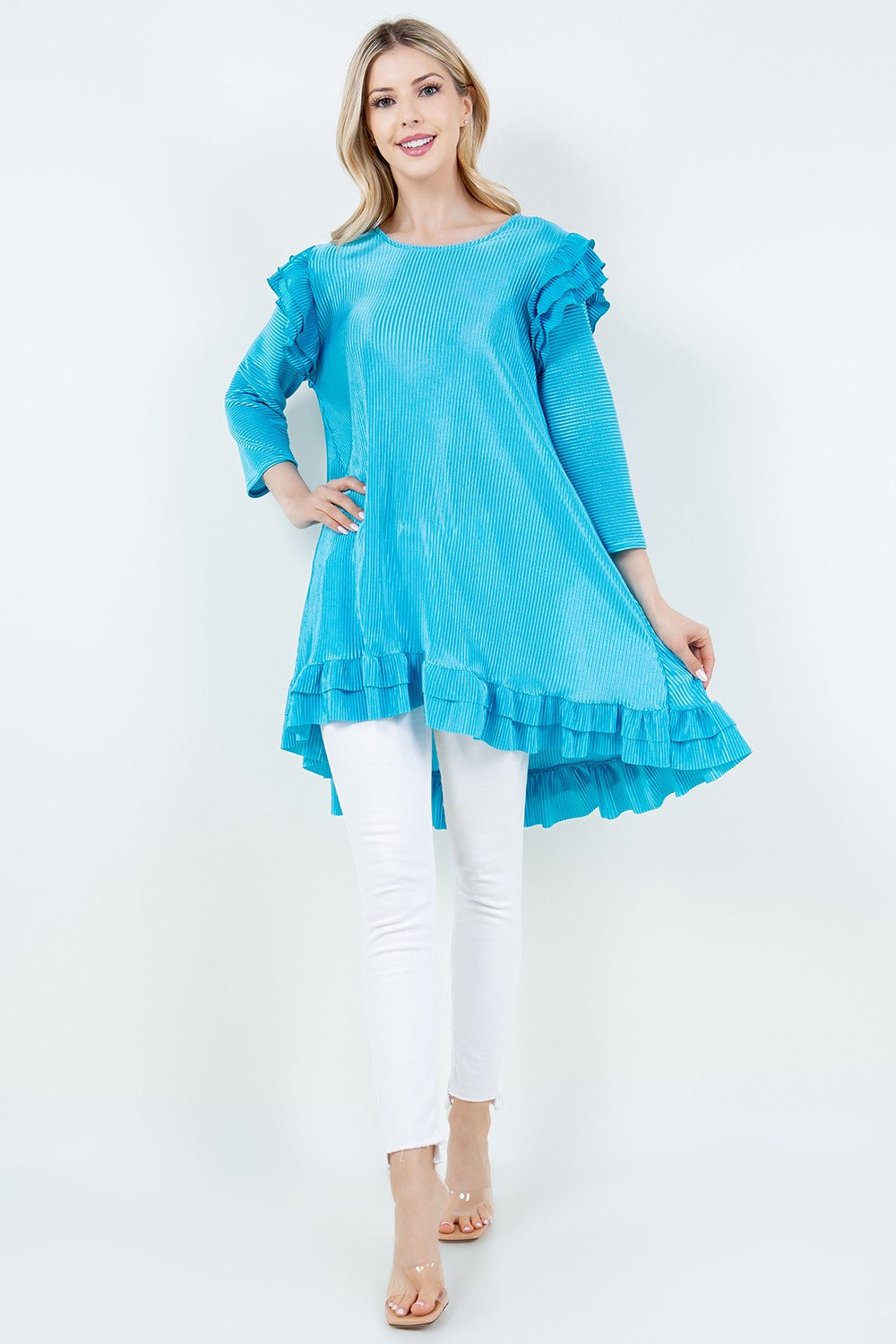 SHB5882-Wholesale Turquoise 3/4 SLEEVES HI-LOW RUFFLED TUNIC TOP 