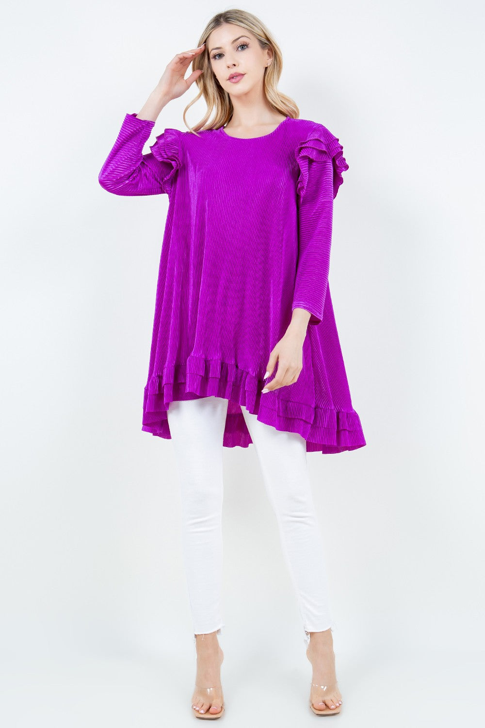 SHB5882X-Wholesale Violet 3/4 SLEEVES HI-LOW RUFFLED TUNIC TOP 