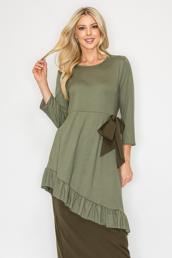 SHB5955-1-Wholesale Sage ASYMMETRICAL RUFFLED TUNIC TOP