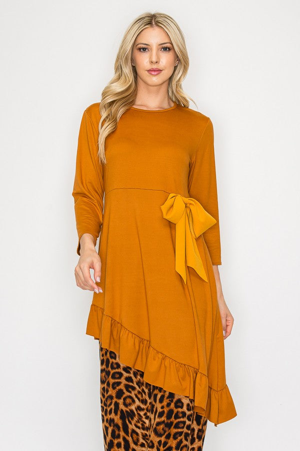 SHB5955X-1-Wholesale Mustard ASYMMETRICAL RUFFLED TUNIC TOP
