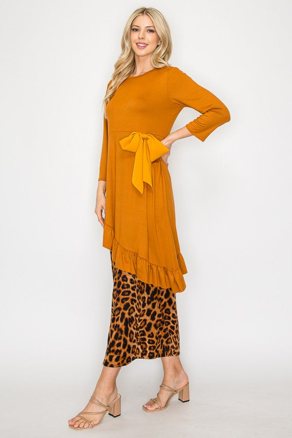 MUSTARD ASYMMETRICAL RUFFLED TUNIC TOP