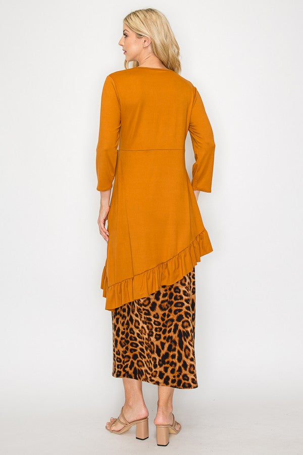 MUSTARD ASYMMETRICAL RUFFLED TUNIC TOP