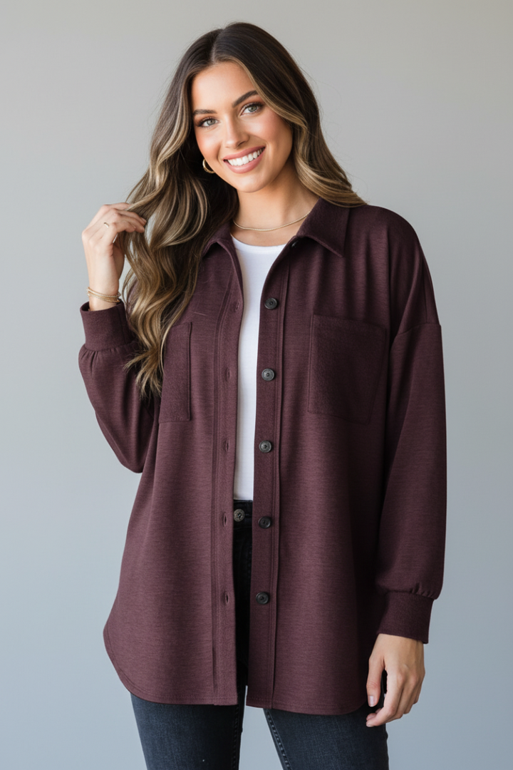 PLUS SIZE SOLID BUTTON DOWN SHACKET TOP HMEJ6733