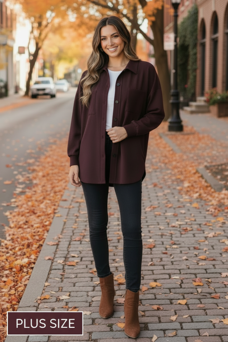 PLUS SIZE SOLID BUTTON DOWN SHACKET TOP HMEJ6733
