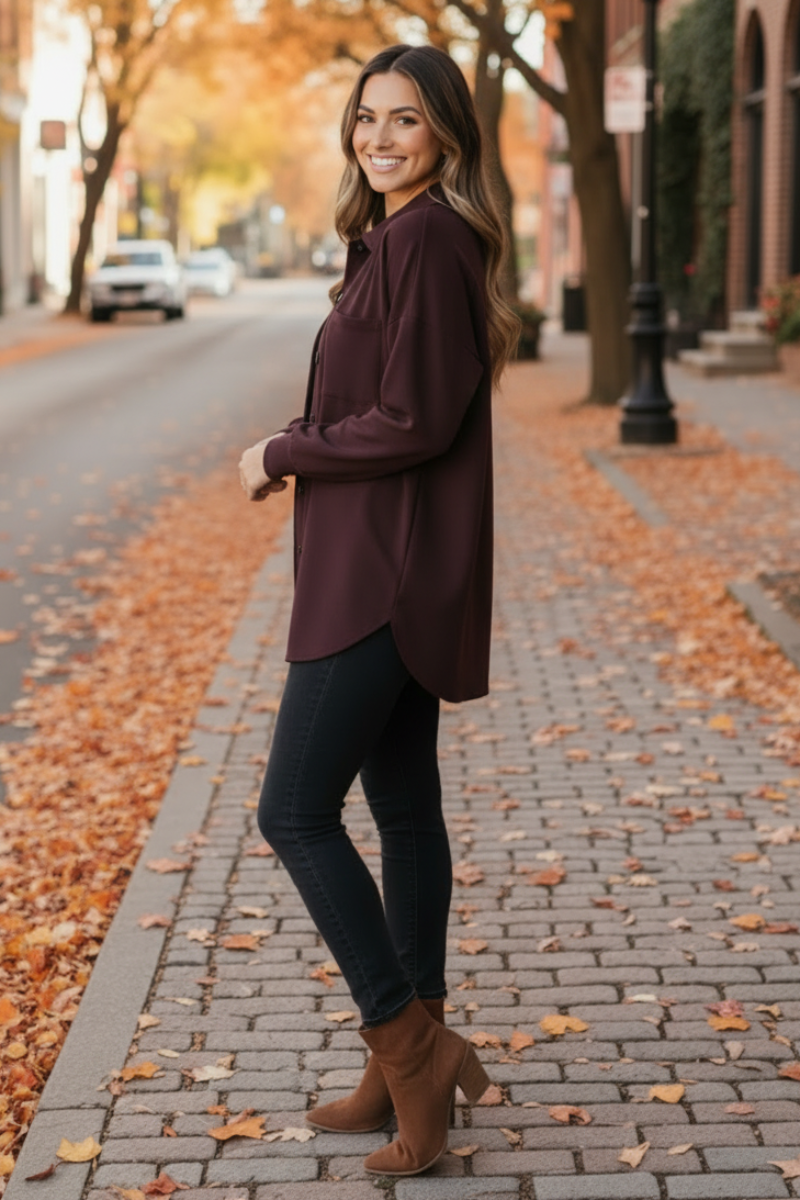 PLUS SIZE SOLID BUTTON DOWN SHACKET TOP HMEJ6733