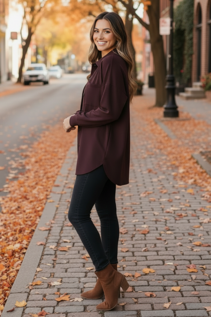 PLUS SIZE SOLID BUTTON DOWN SHACKET TOP HMEJ6733