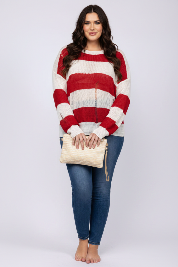 RED STRIPE TEARED KNIT PULLOVER PLUS SIZE SWEATER TOP-ST1114P