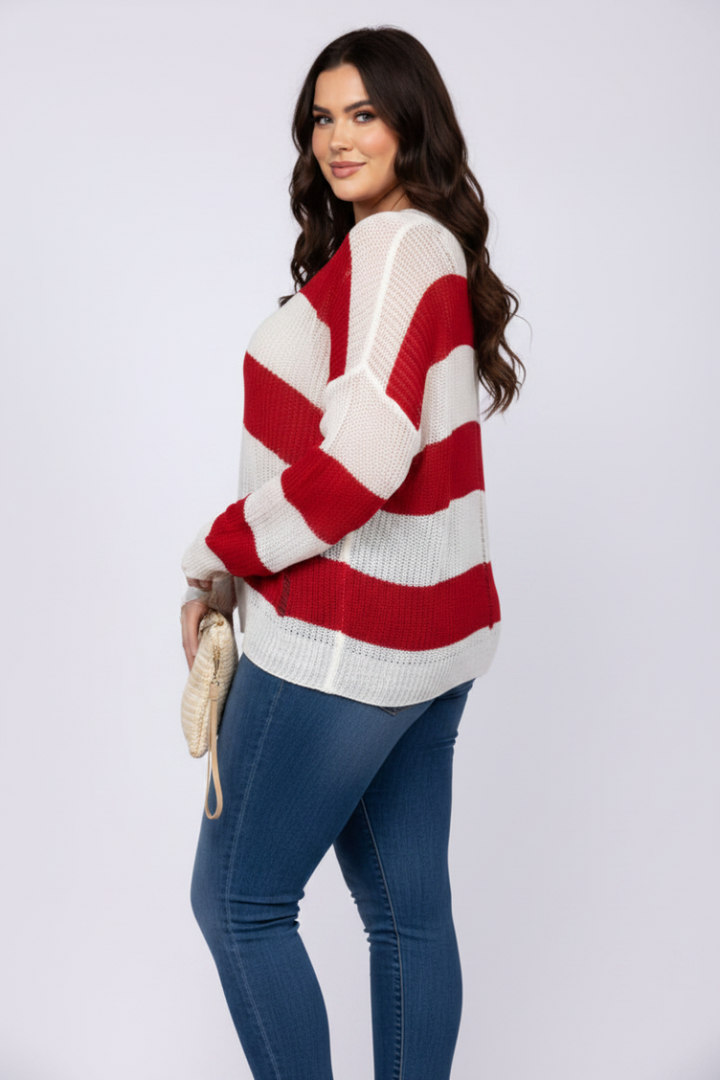 RED STRIPE TEARED KNIT PULLOVER PLUS SIZE SWEATER TOP-ST1114P