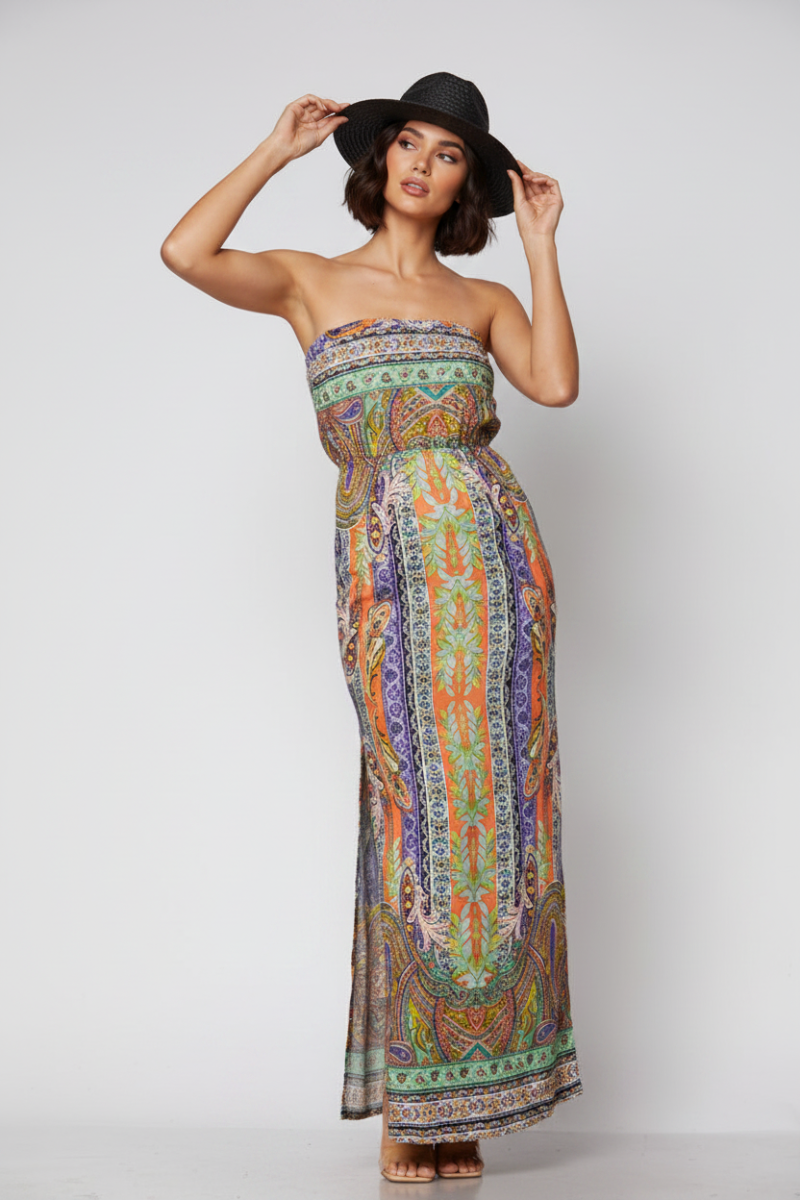 PEACH PAISLEY STRAPLESS W/ SLIT MAXI DRESS