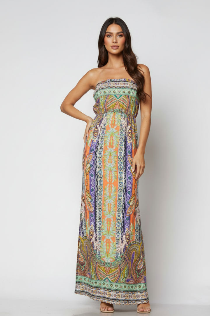 PEACH PAISLEY STRAPLESS W/ SLIT MAXI DRESS