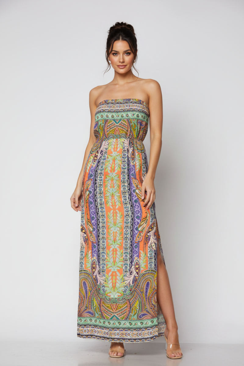PEACH PAISLEY STRAPLESS W/ SLIT MAXI DRESS