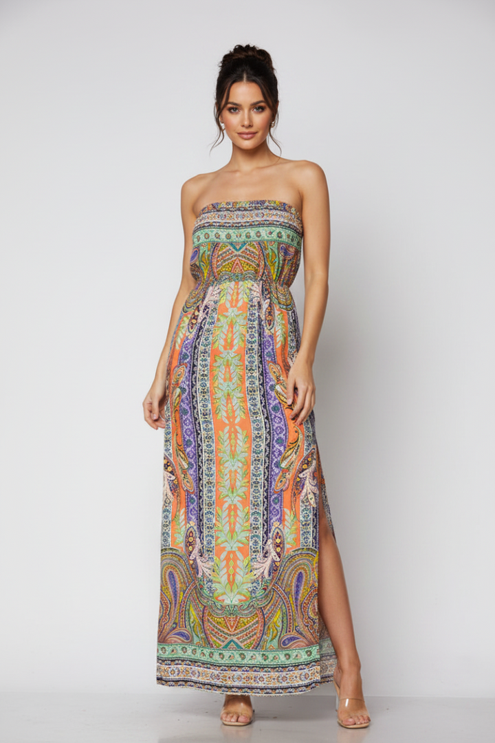 PEACH PAISLEY STRAPLESS W/ SLIT MAXI DRESS