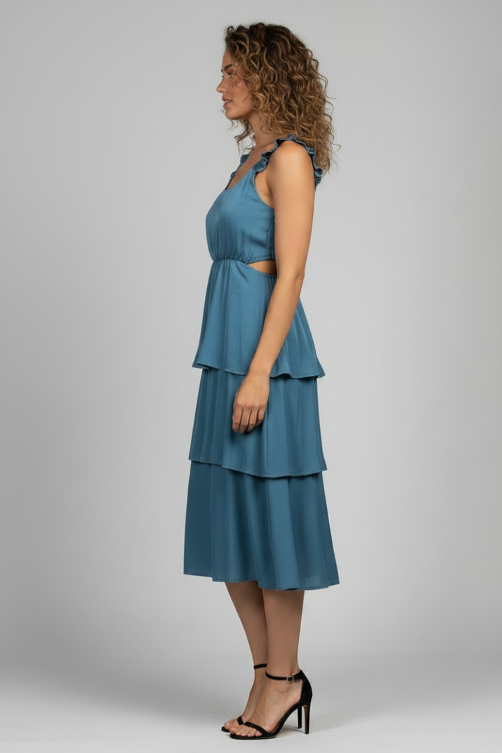 DARK CYAN SHIRRED STRAPS TIERRED MIDI DRESS ILD0238 -