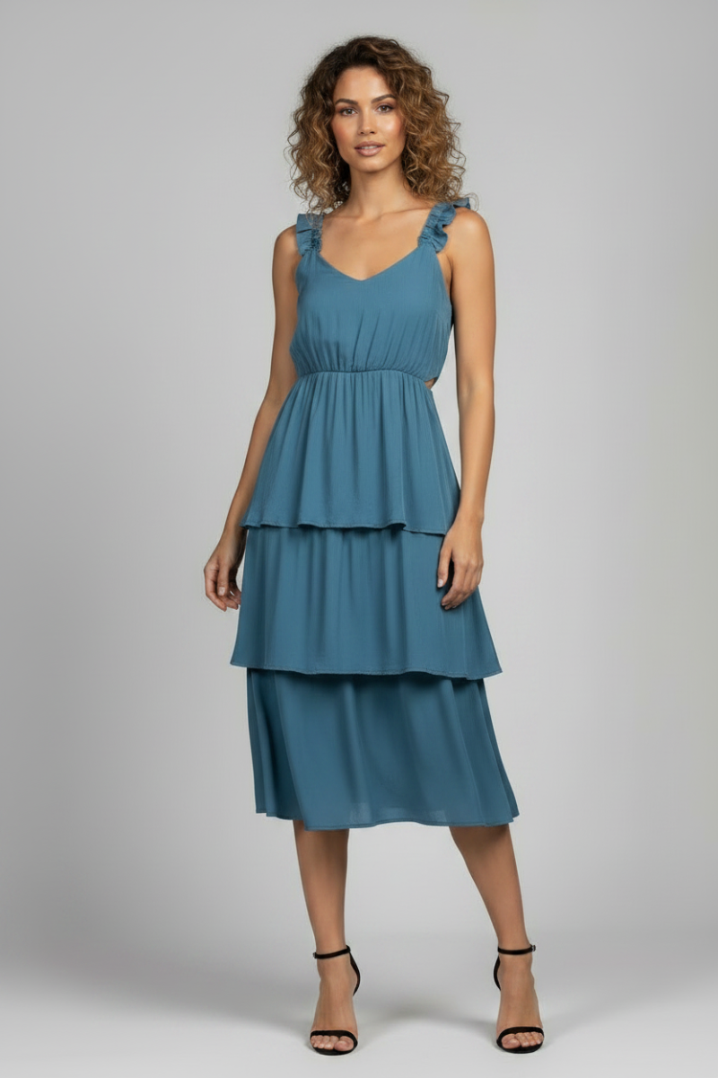DARK CYAN SHIRRED STRAPS TIERRED MIDI DRESS ILD0238 -