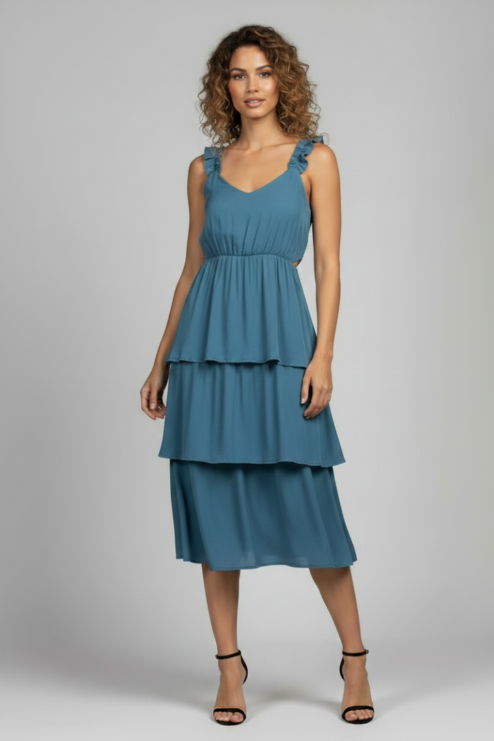 DARK CYAN SHIRRED STRAPS TIERRED MIDI DRESS ILD0238 -