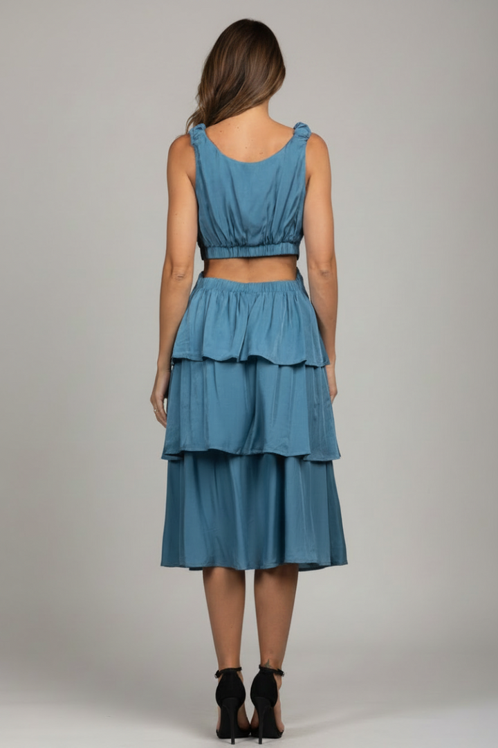 DARK CYAN SHIRRED STRAPS TIERRED MIDI DRESS ILD0238 -