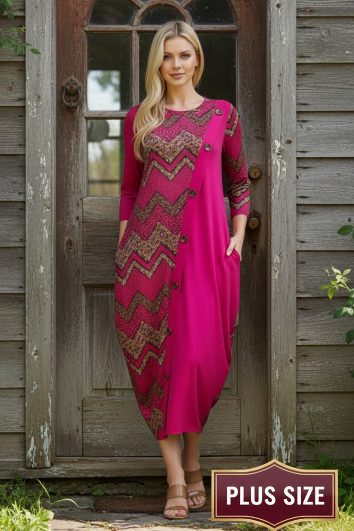 PLUS GEO PRINT PANELED DRESS WITH BUTTONS