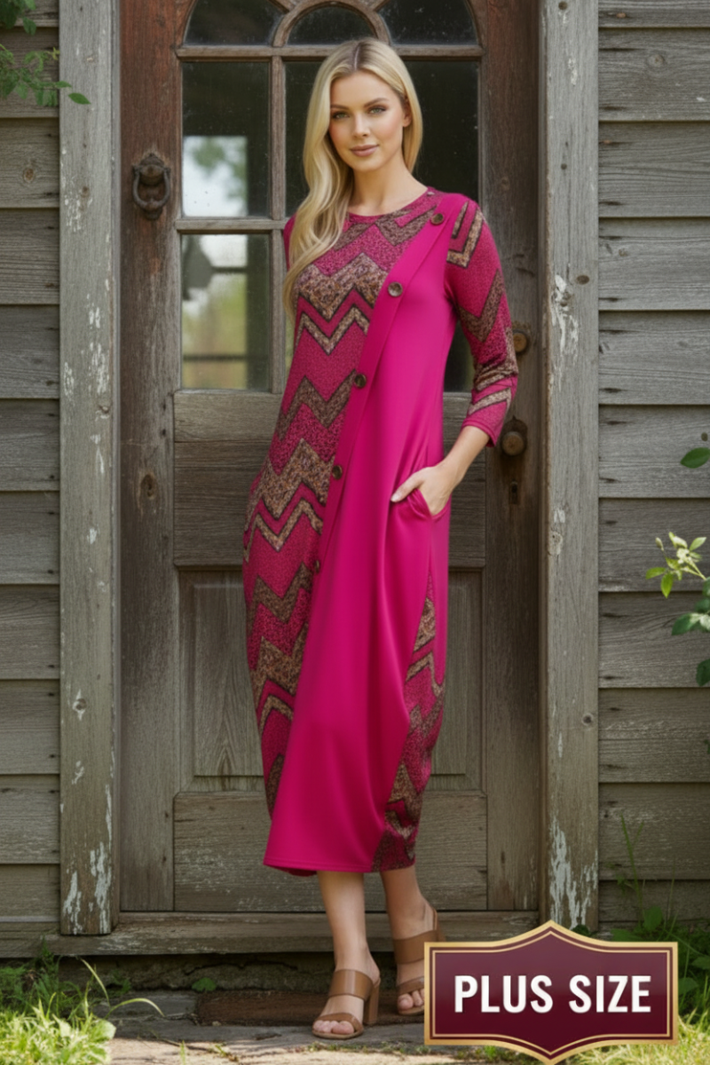 PLUS GEO PRINT PANELED DRESS WITH BUTTONS