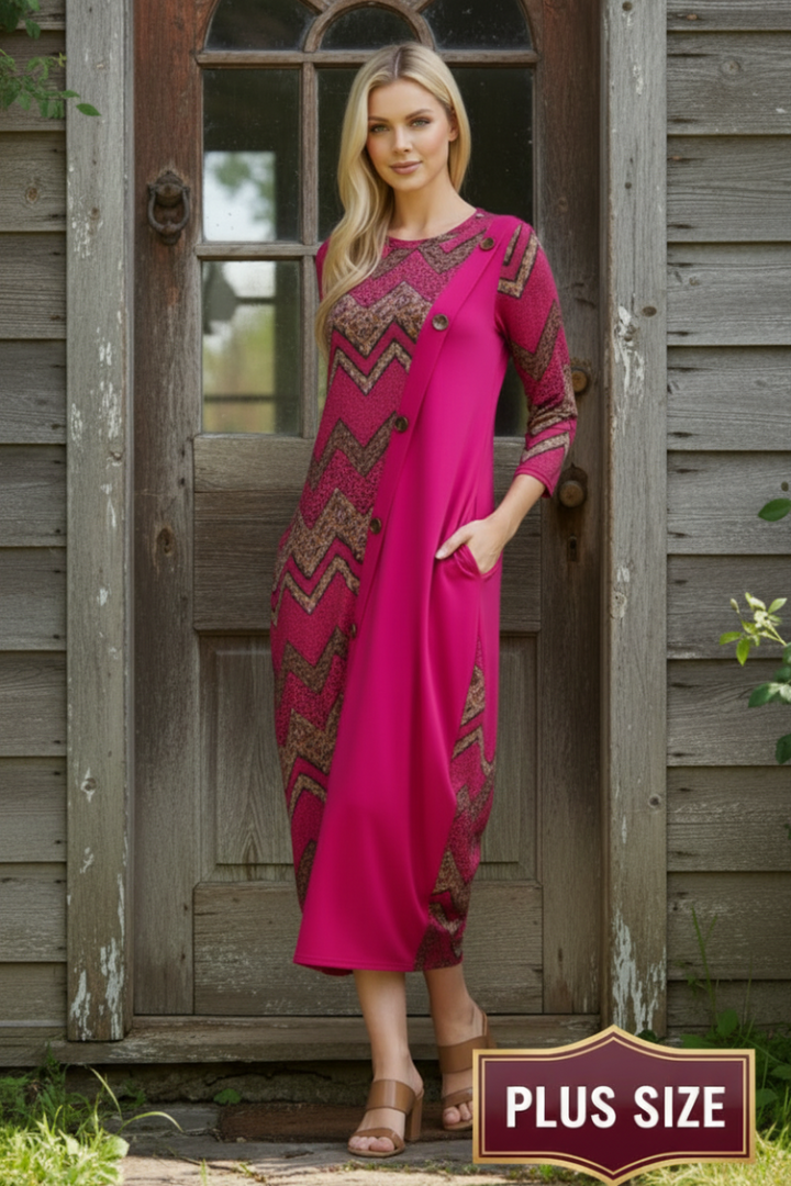 PLUS GEO PRINT PANELED DRESS WITH BUTTONS