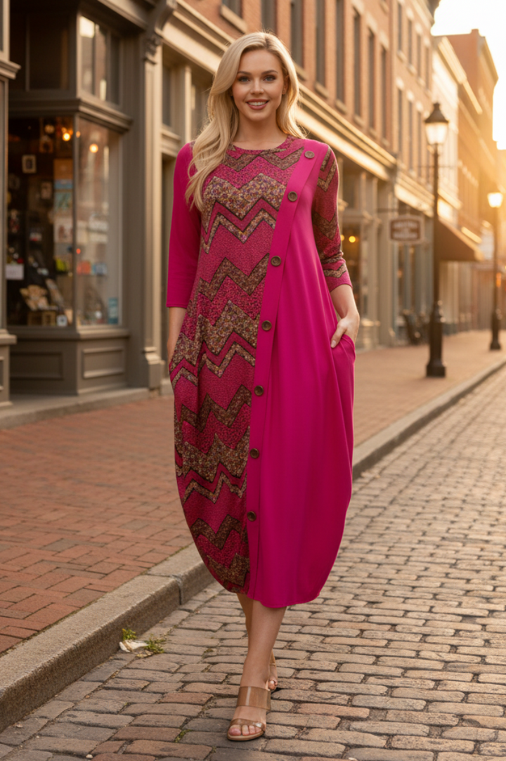 GEO PRINT PANELED DRESS WITH BUTTONS