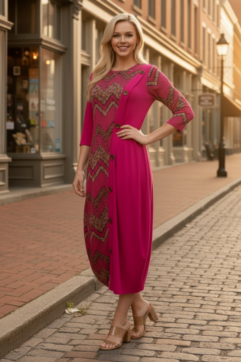 GEO PRINT PANELED DRESS WITH BUTTONS