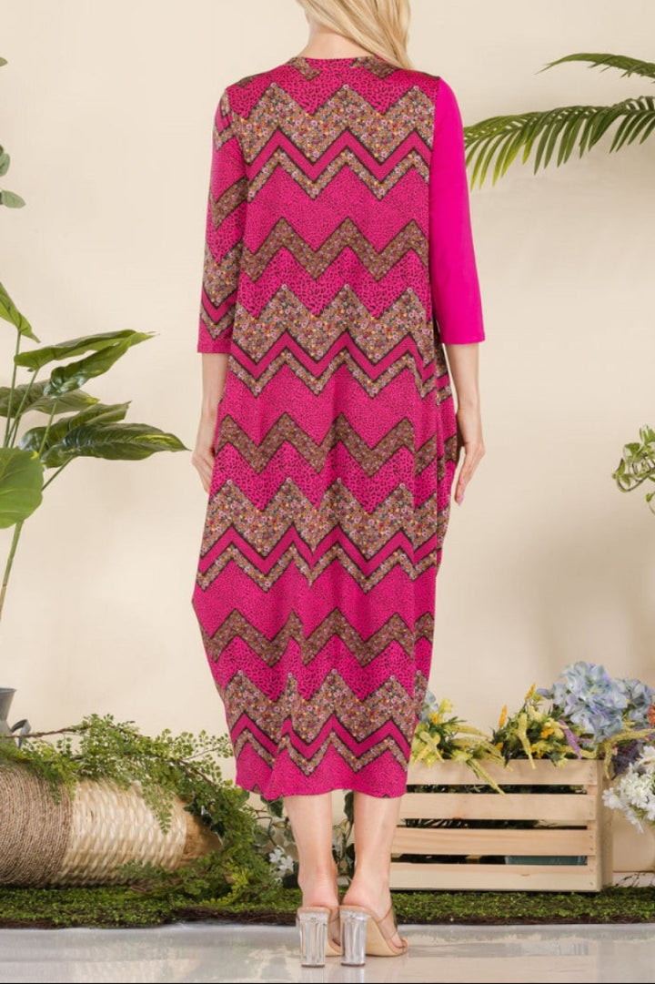 GEO PRINT PANELED DRESS WITH BUTTONS