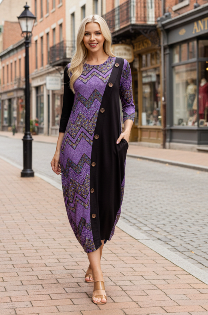 GEO PRINT PANELED DRESS WITH BUTTONS