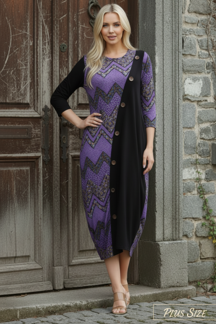 PLUS GEO PRINT PANELED DRESS WITH BUTTONS