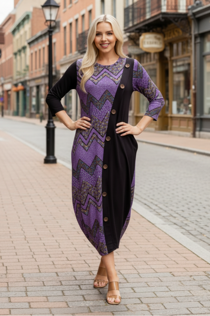GEO PRINT PANELED DRESS WITH BUTTONS