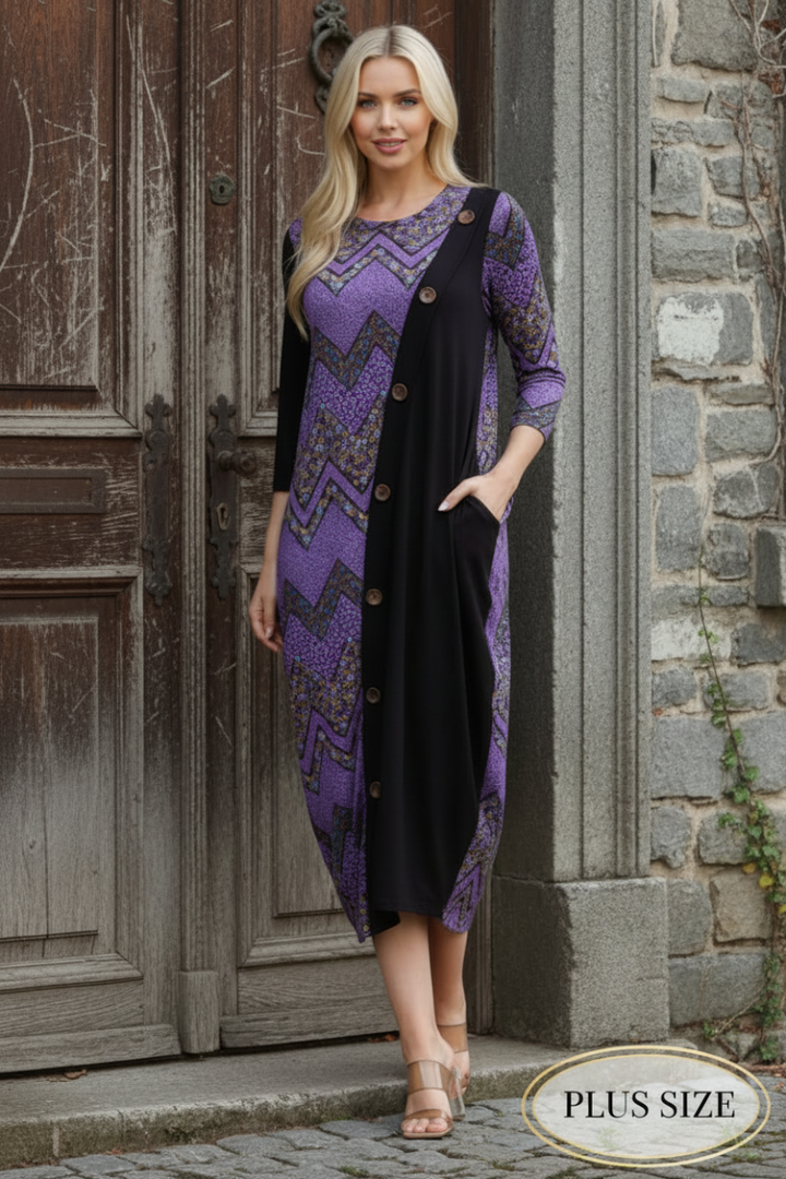 PLUS GEO PRINT PANELED DRESS WITH BUTTONS