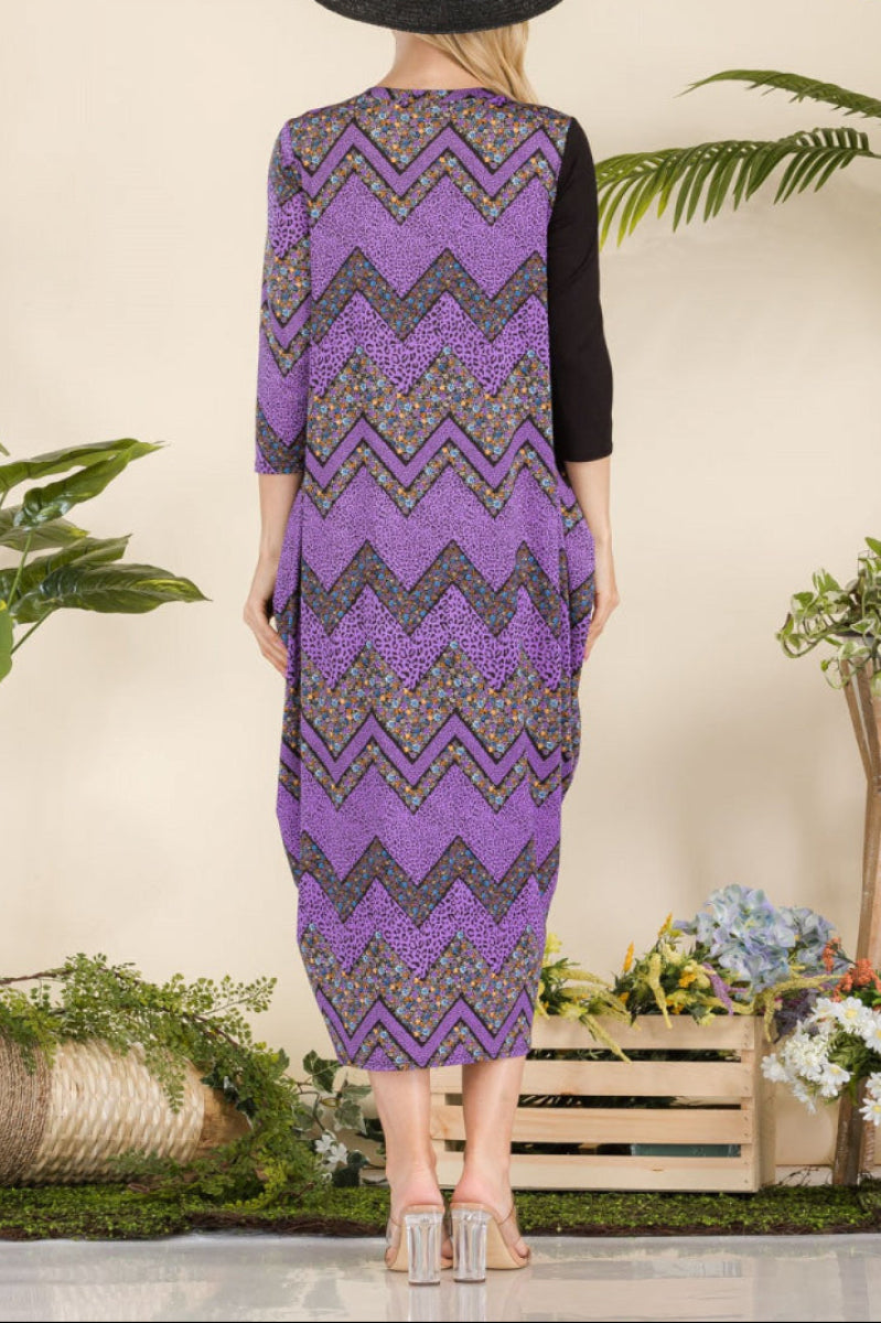 GEO PRINT PANELED DRESS WITH BUTTONS