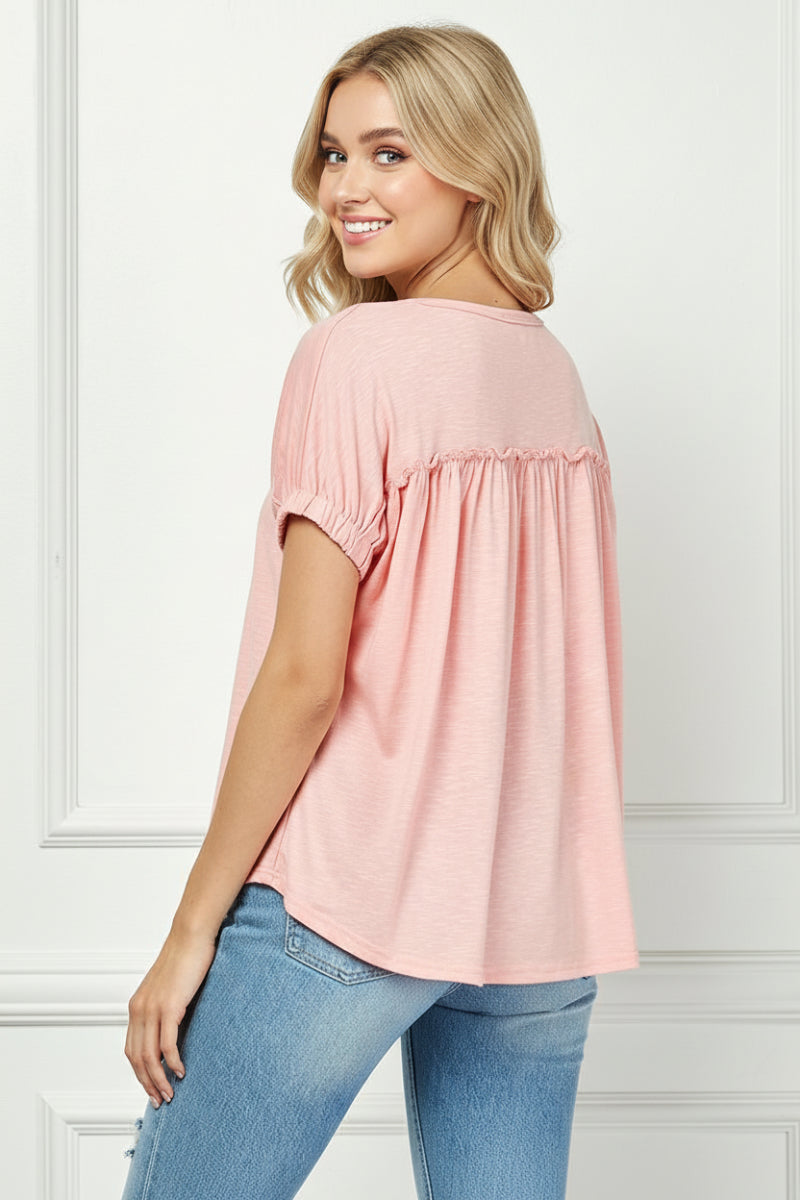 HENLEY SHIRRED PUFF SHORT SLEEVE TOP