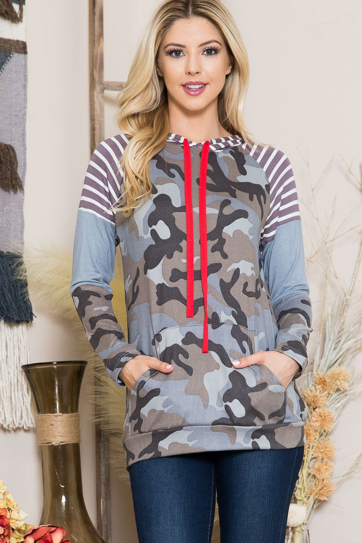GREY CAMO CAMO HOODY WITH STRIPE CONTRAST SLEEVES