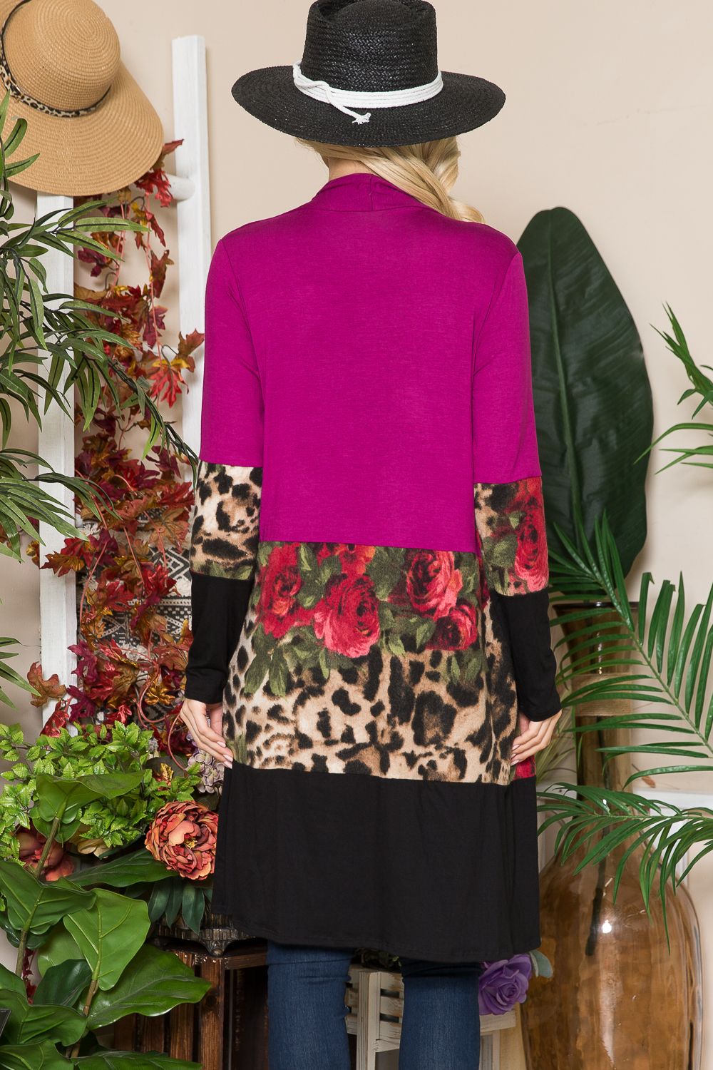 MAGENTA FLORAL AND LEOPARD PRINT COLOR BLOCK CARDIGAN-CLCT43532G