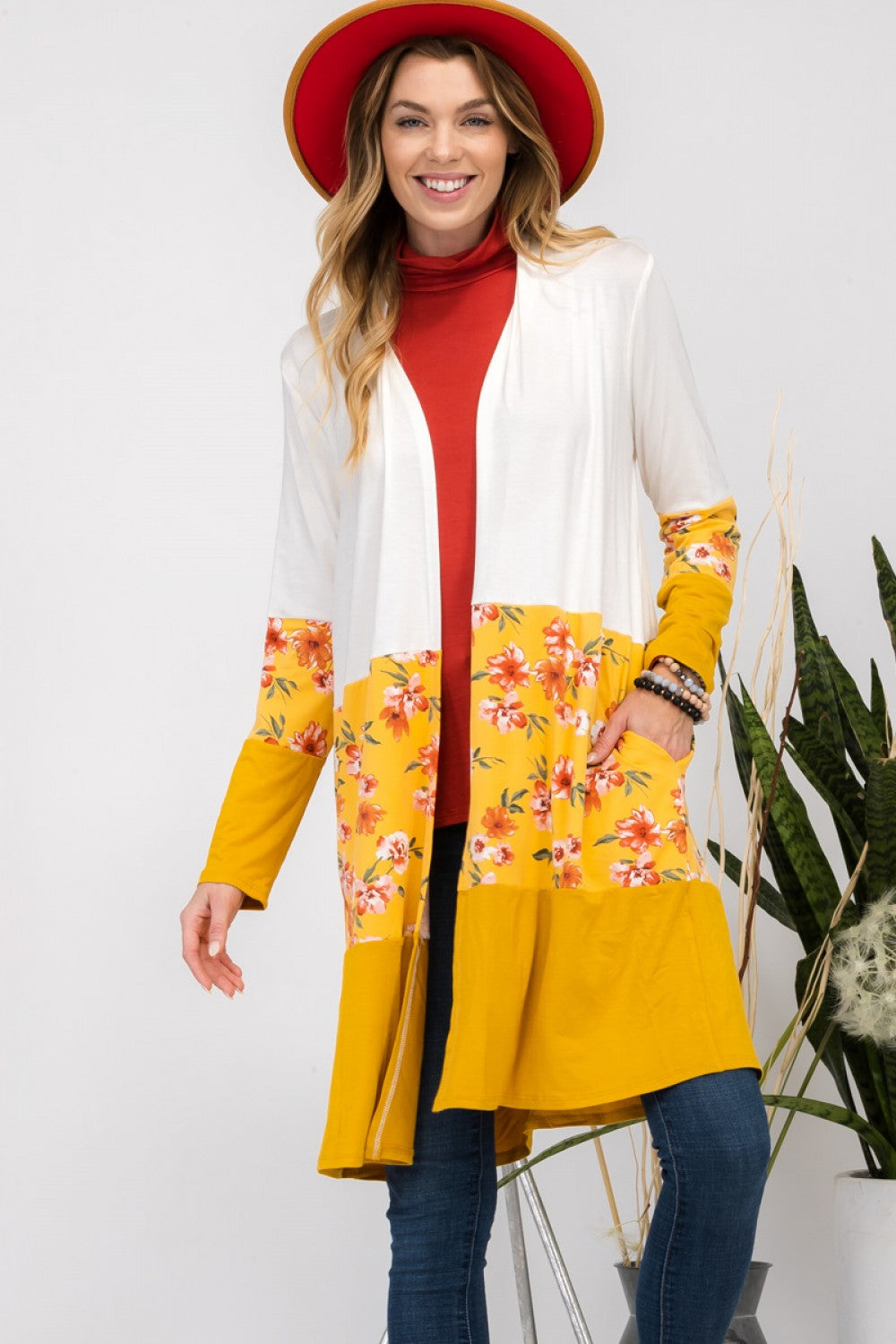 IVORY/MUSTARD FLORAL AND SOLID COLOR BLOCK CARDIGAN-CLCT43532I