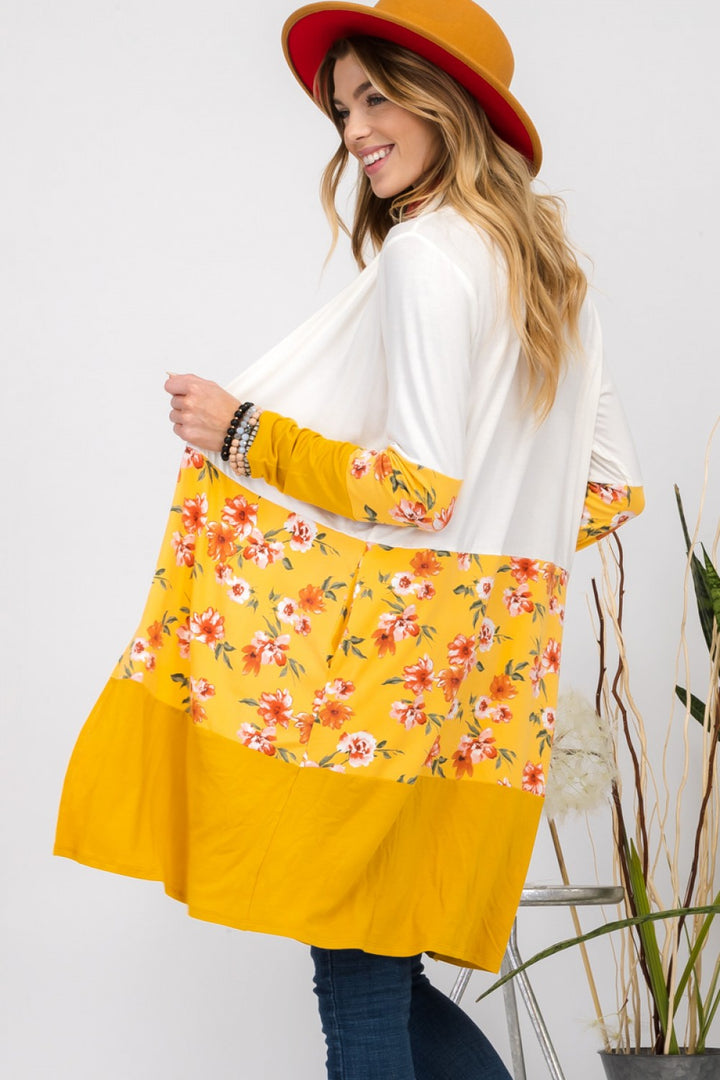 IVORY/MUSTARD FLORAL AND SOLID COLOR BLOCK CARDIGAN-CLCT43532I-PL