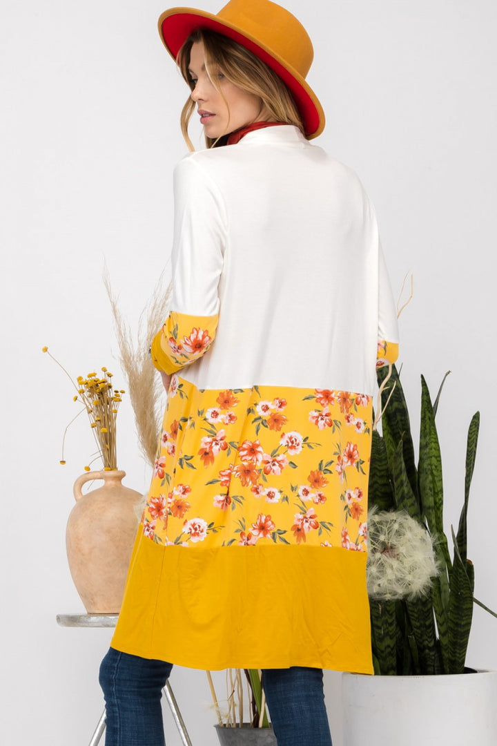 IVORY/MUSTARD FLORAL AND SOLID COLOR BLOCK CARDIGAN-CLCT43532I-PL