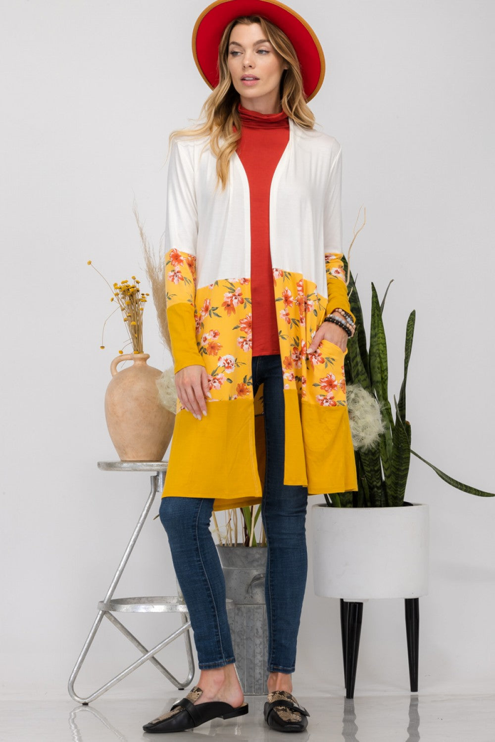 CLCT43532I-Wholesale IVORY/MUSTARD FLORAL AND SOLID COLOR BLOCK CARDIGAN