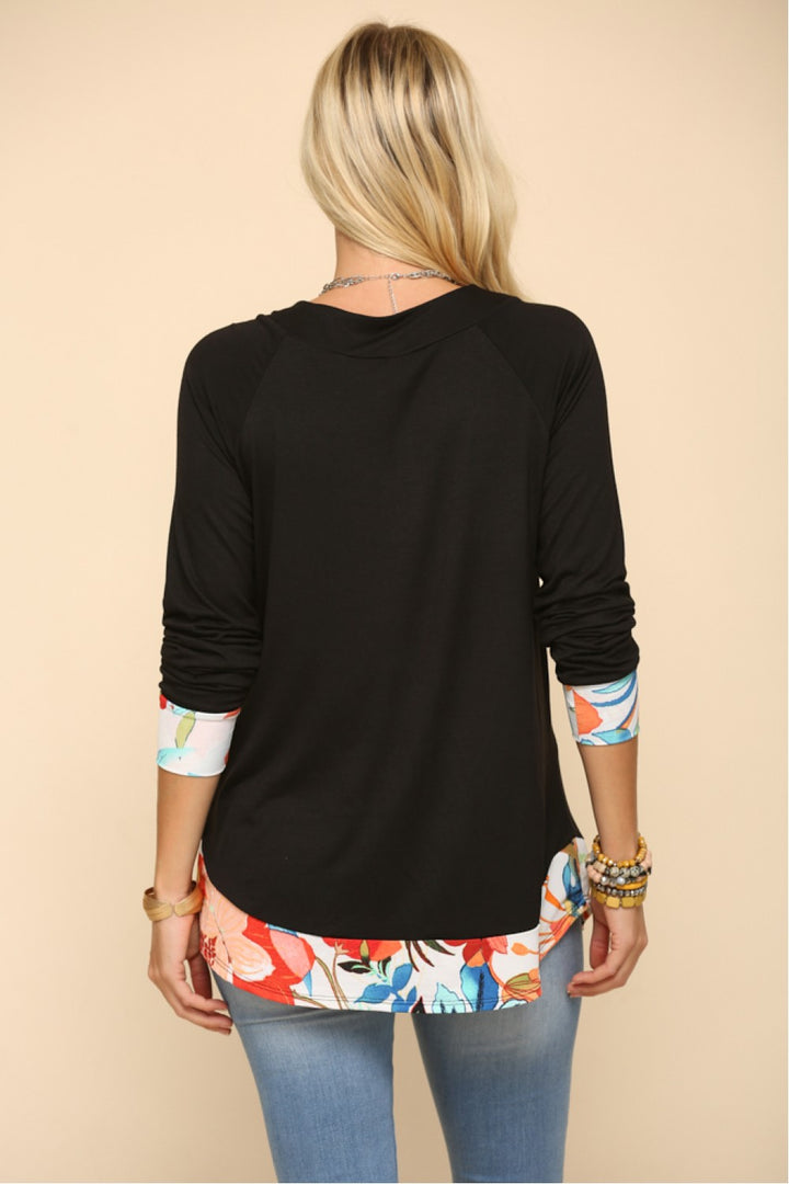 BLACK PLUS TROPICAL PRINT RAGLAN TOP