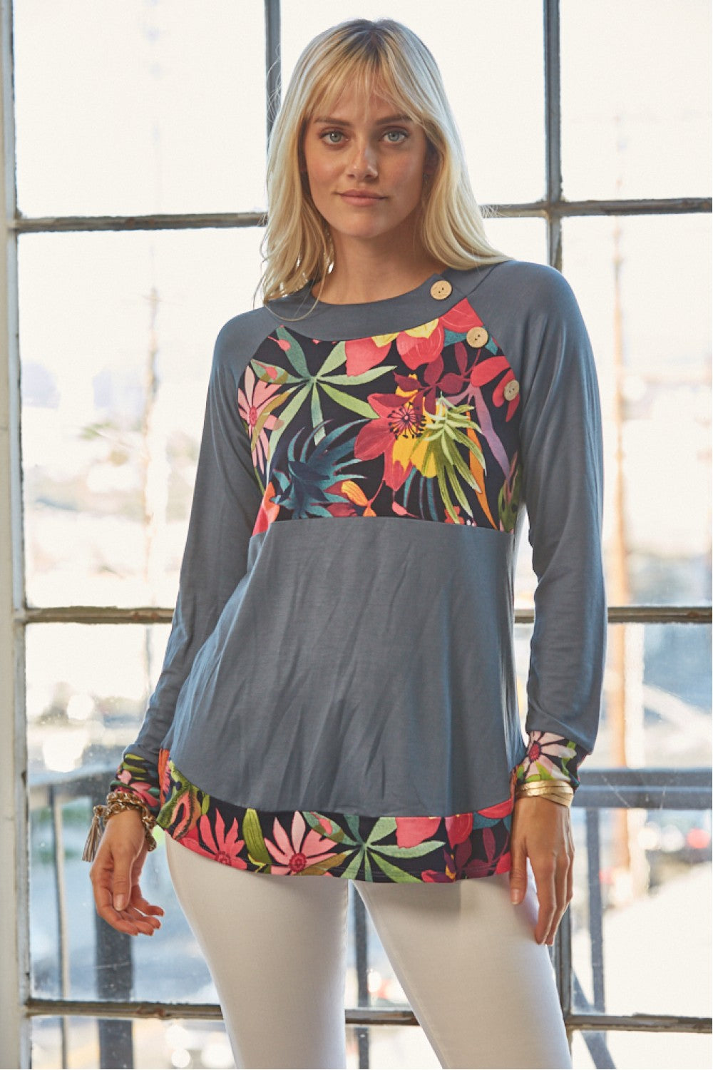 CLCT43592J-Wholesale DUSTY TEAL Tropical Print Raglan Top