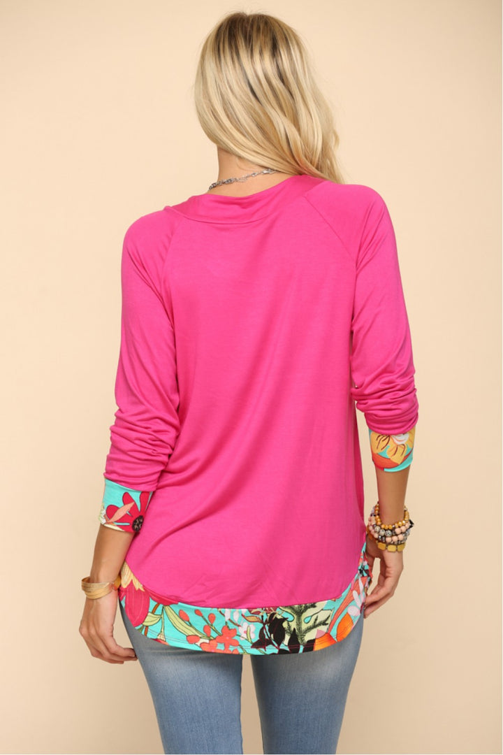 FUCHSIA PLUS TROPICAL PRINT RAGLAN TOP
