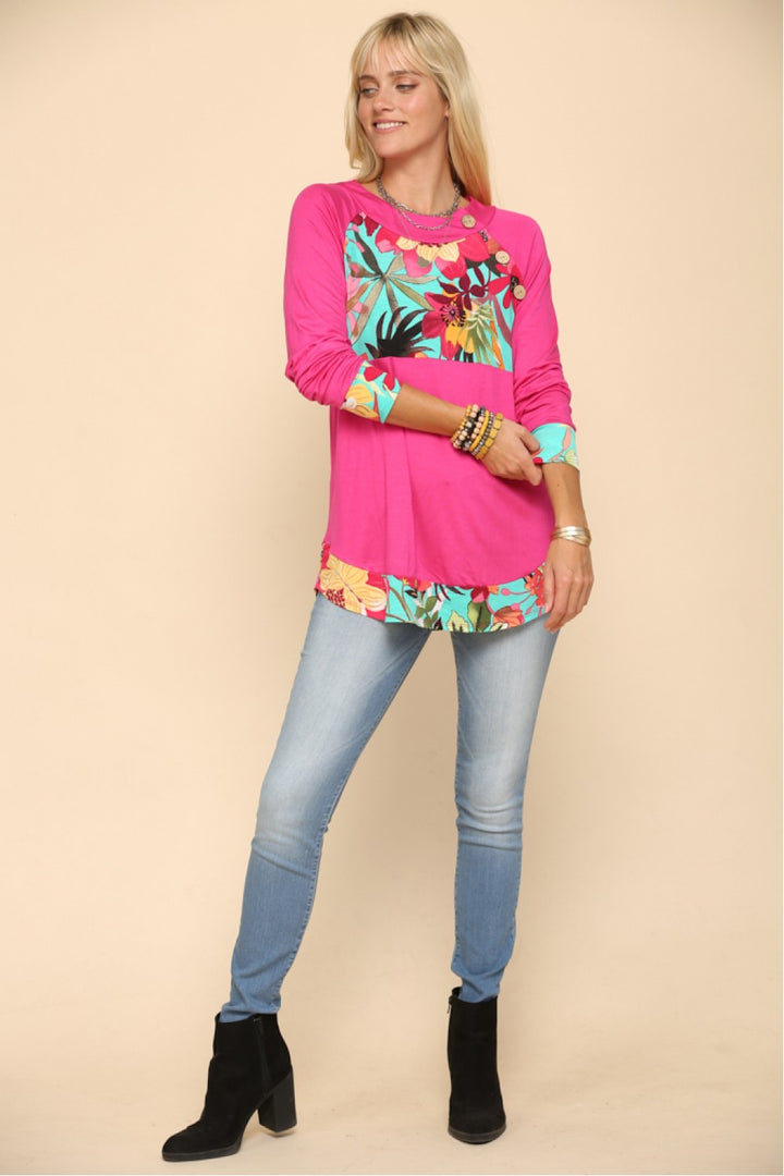 FUCHSIA PLUS TROPICAL PRINT RAGLAN TOP