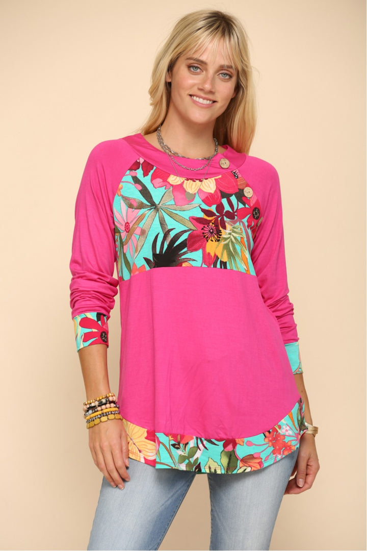 CLCT43592J-PL-Wholesale Fuchsia Plus Tropical Print Raglan Top