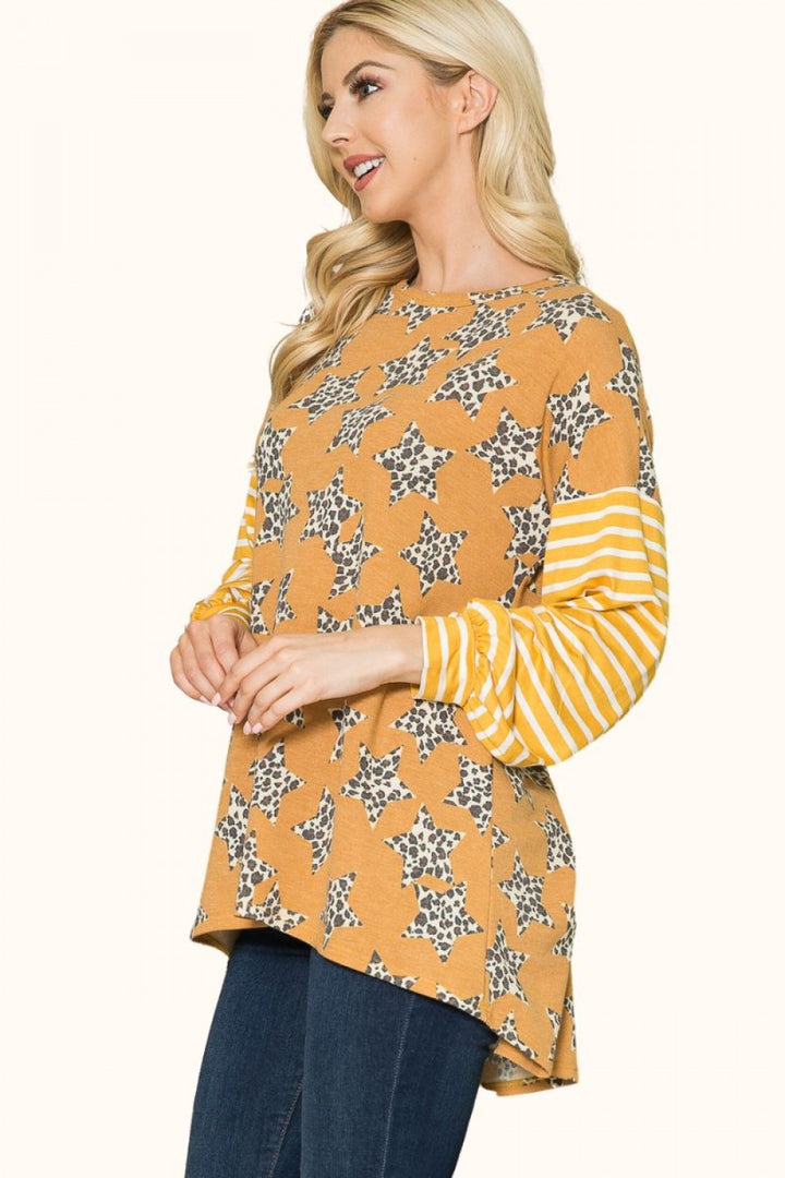 MUSTARD LEOPARD STAR PRINT TOP WITH STRIPE-CLCT43603E