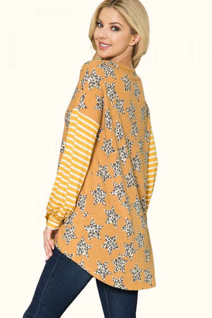 MUSTARD LEOPARD STAR PRINT TOP WITH STRIPE-CLCT43603E