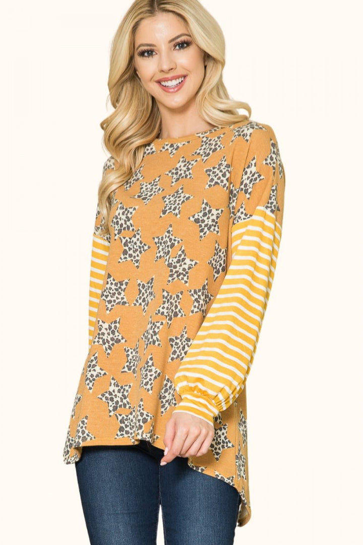 MUSTARD LEOPARD STAR PRINT TOP WITH STRIPE-CLCT43603E